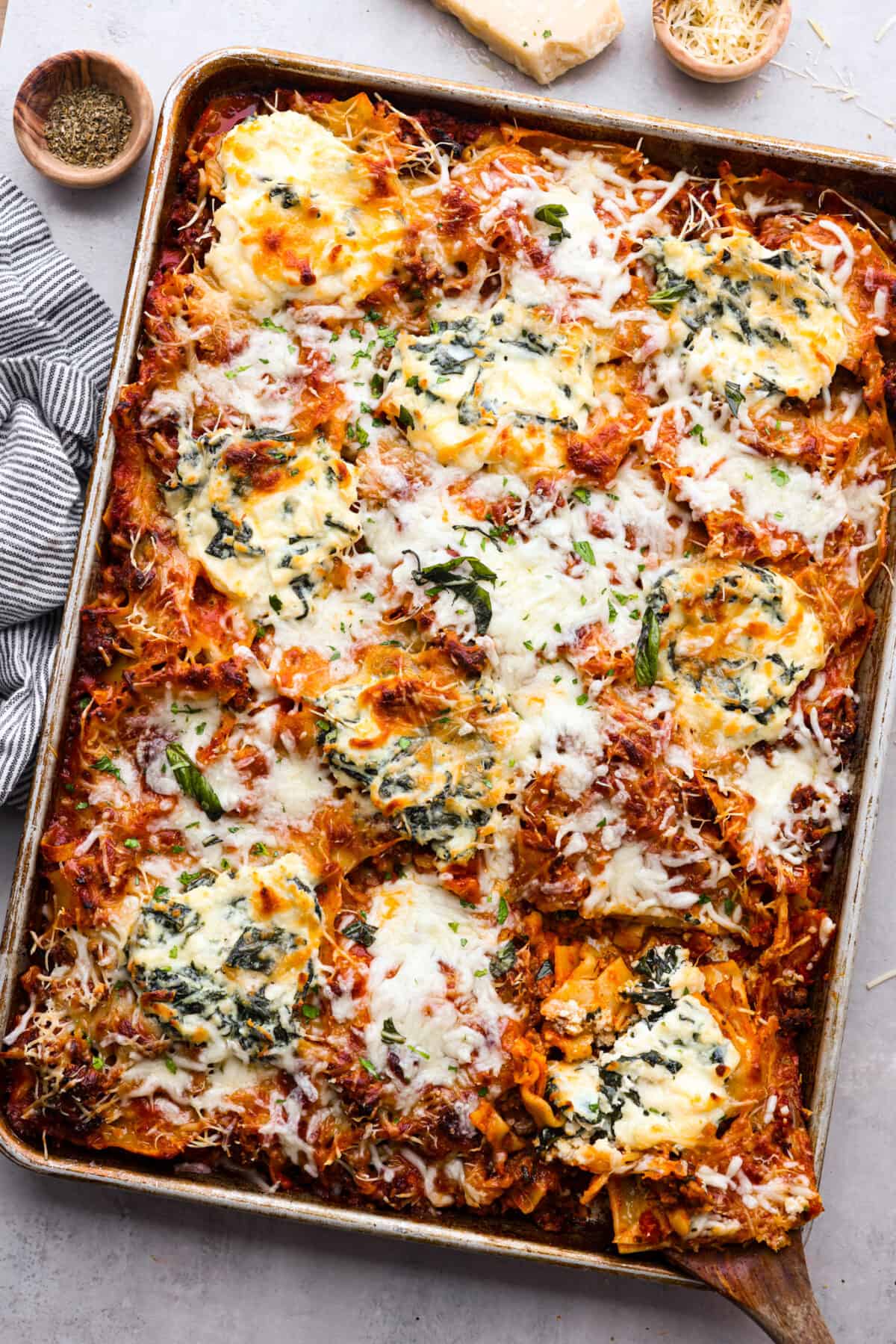 The top view of sheet pan lasagna. 