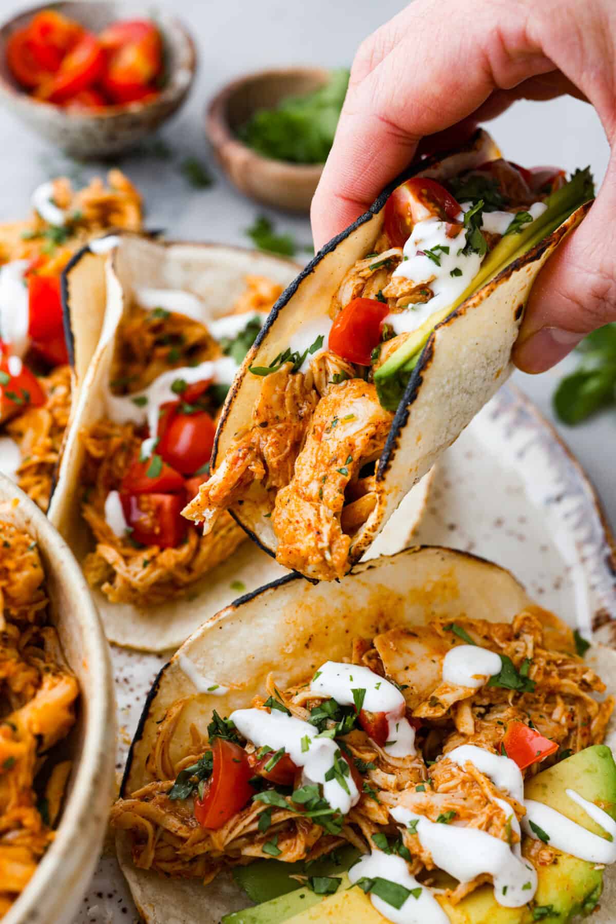 Close view of a hand holding an assembled taco.