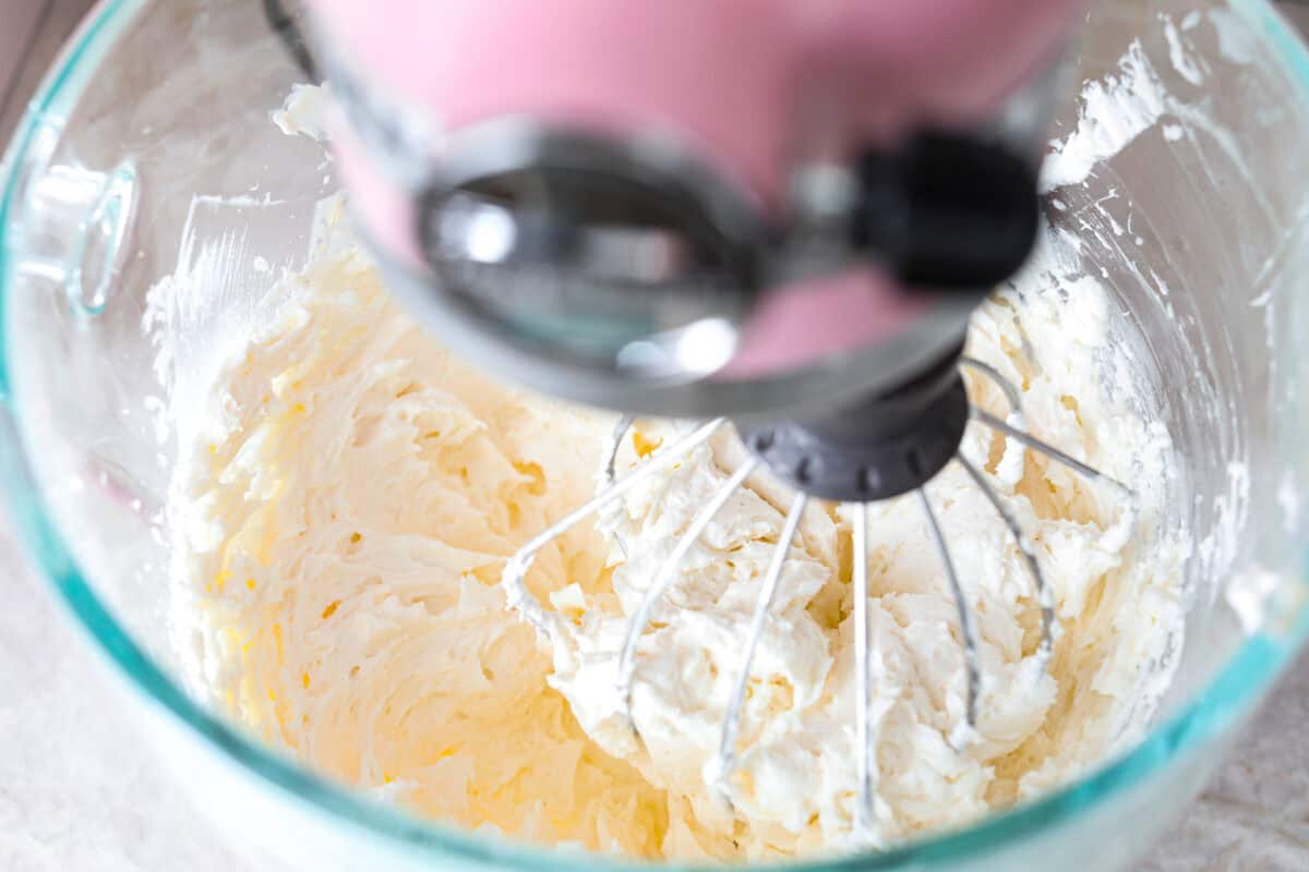 The flour past being added to the whipped butter for the Twinkie cake. 