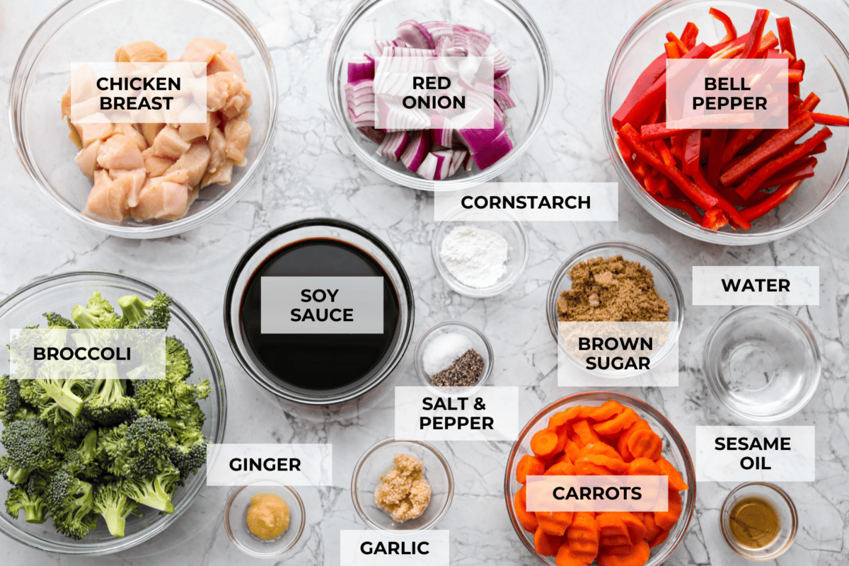 Ingredients labeled to make sheet pan chicken teriyaki with vegetables.