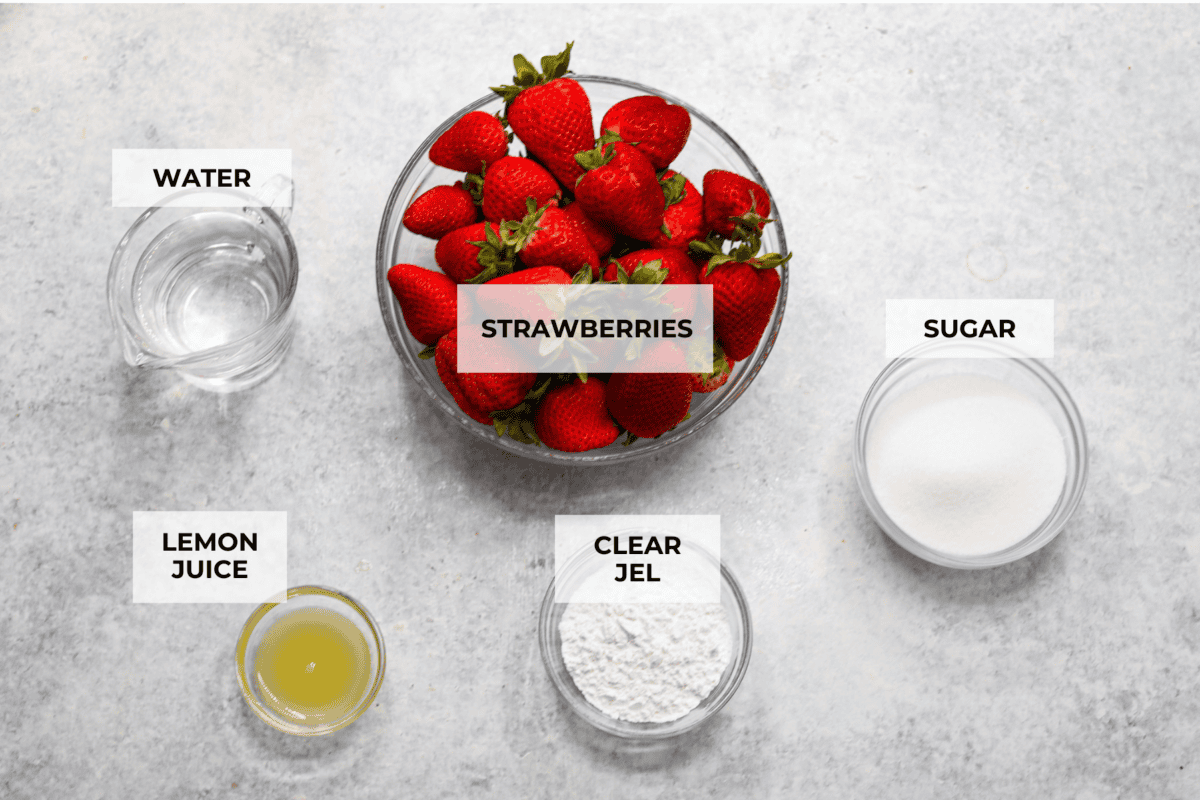 The top view of ingredients each in individual bowls and labeled. 