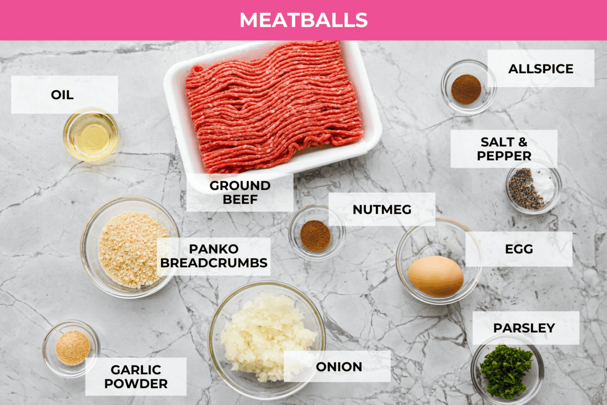 The top view of all of the ingredients, each in their own bowl and labeled individually. 