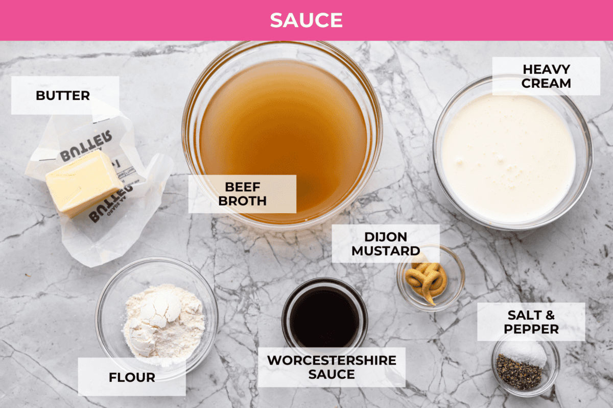 The top view of all of the sauce ingredients, each in individual glass bowls and labeled. 