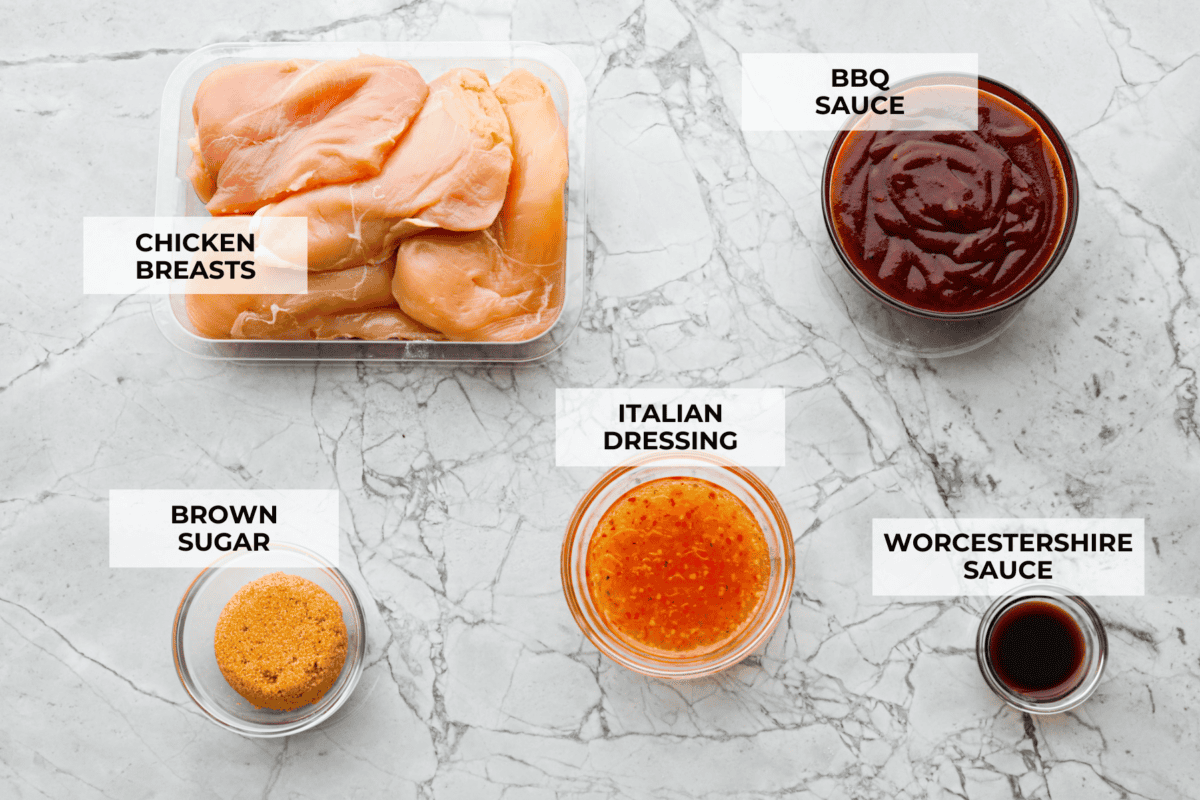 Ingredients labeled to make zesty bbq chicken.