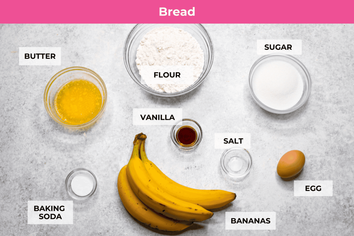 Overhead shot of labeled ingredients for banana bread. 