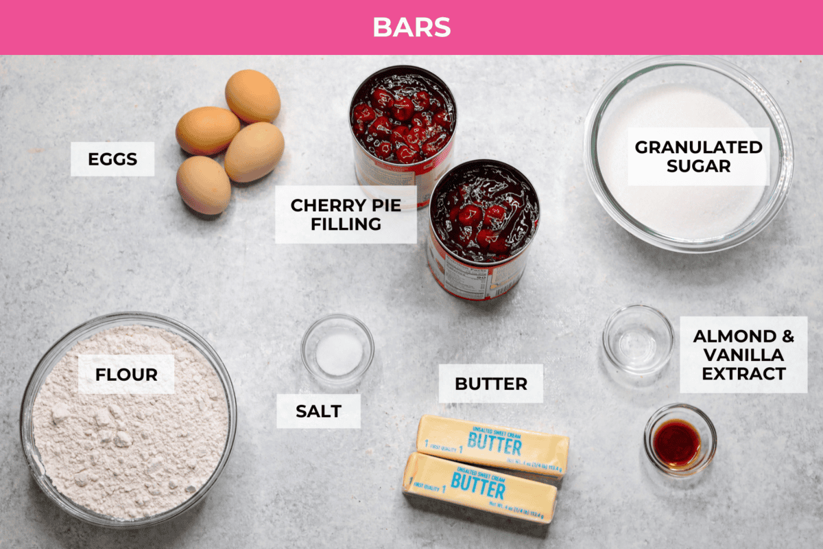 A top view of individual ingredients for the bars, each labeled. 