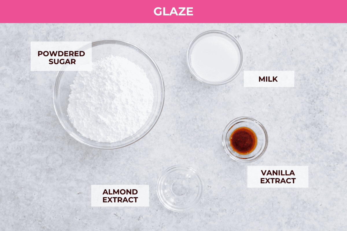 The top view of all of the glaze ingredients for the cherry pie bars, all labeled. 