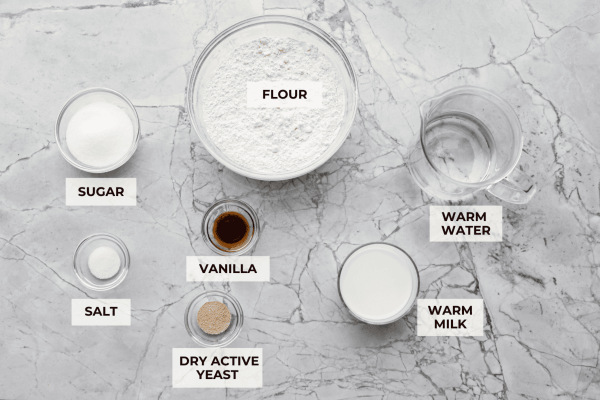 Overhead shot of labeled ingredients for zeppoles. 