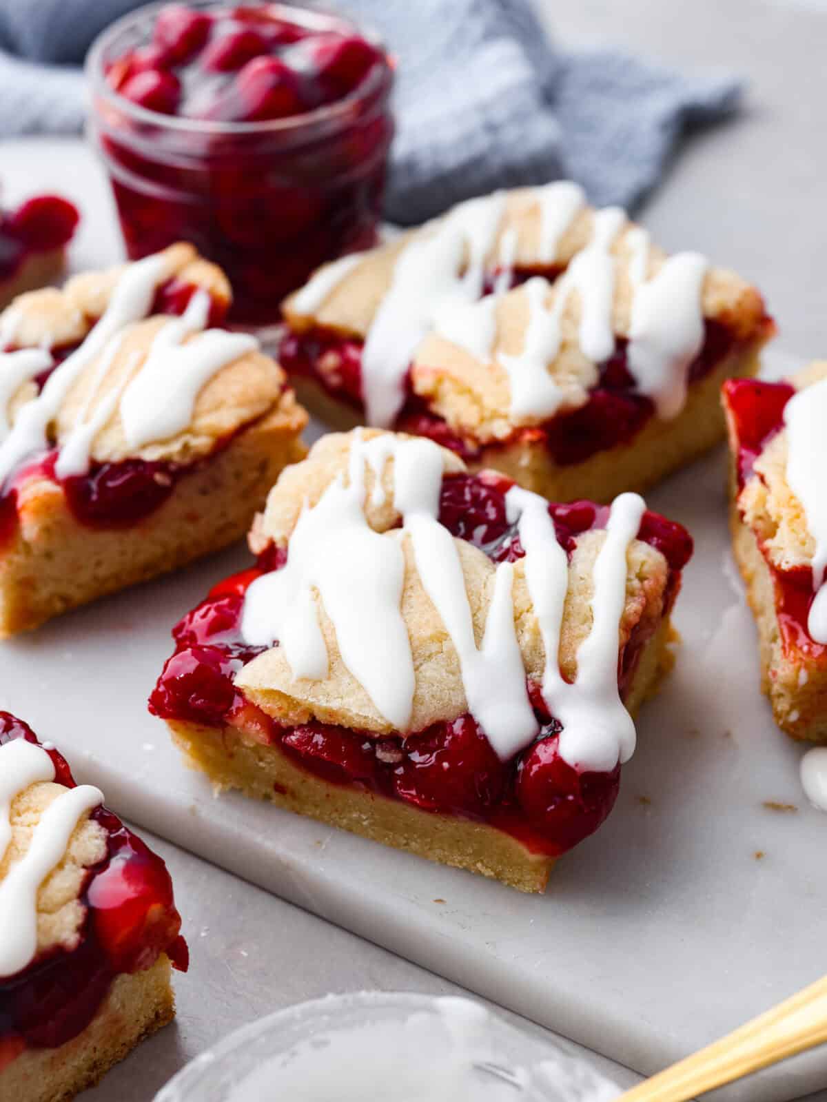 A close up of cherry pie bars. 