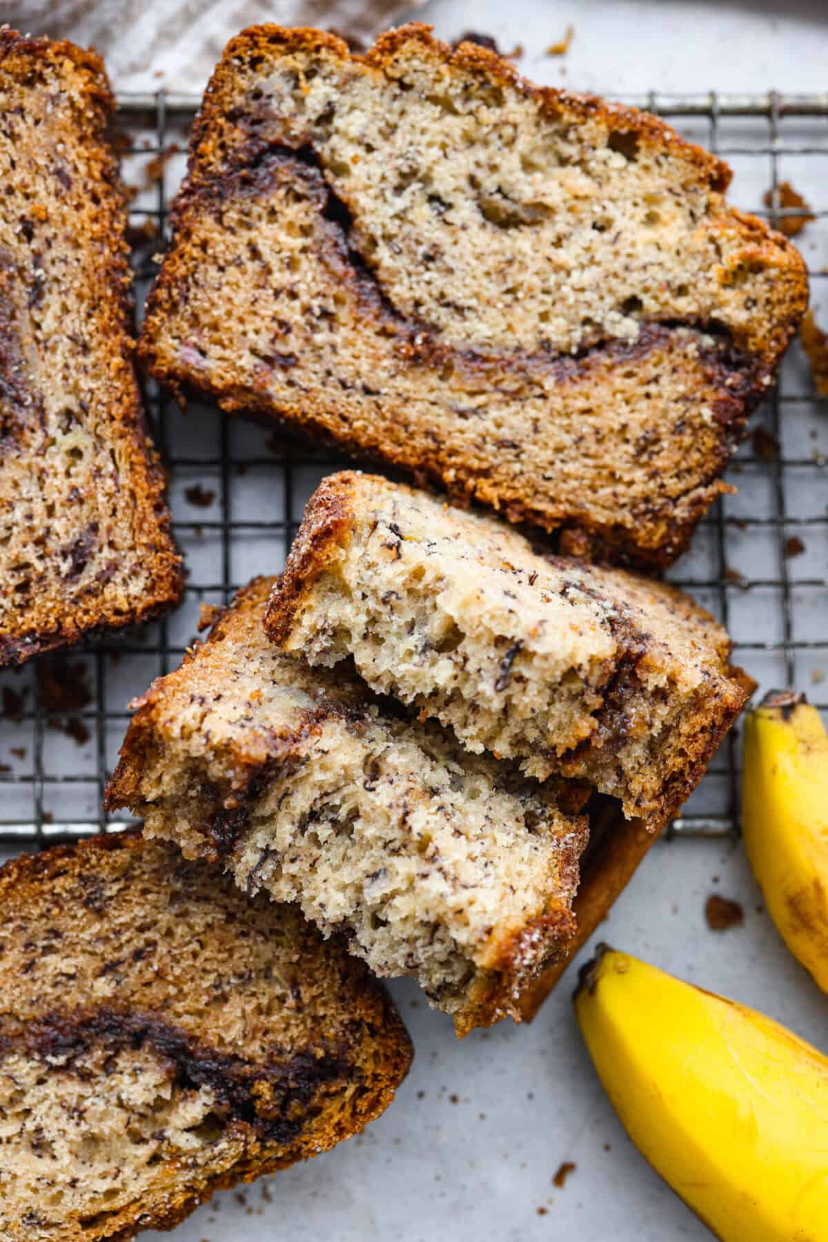 Close up shot of sliced banana bread. 