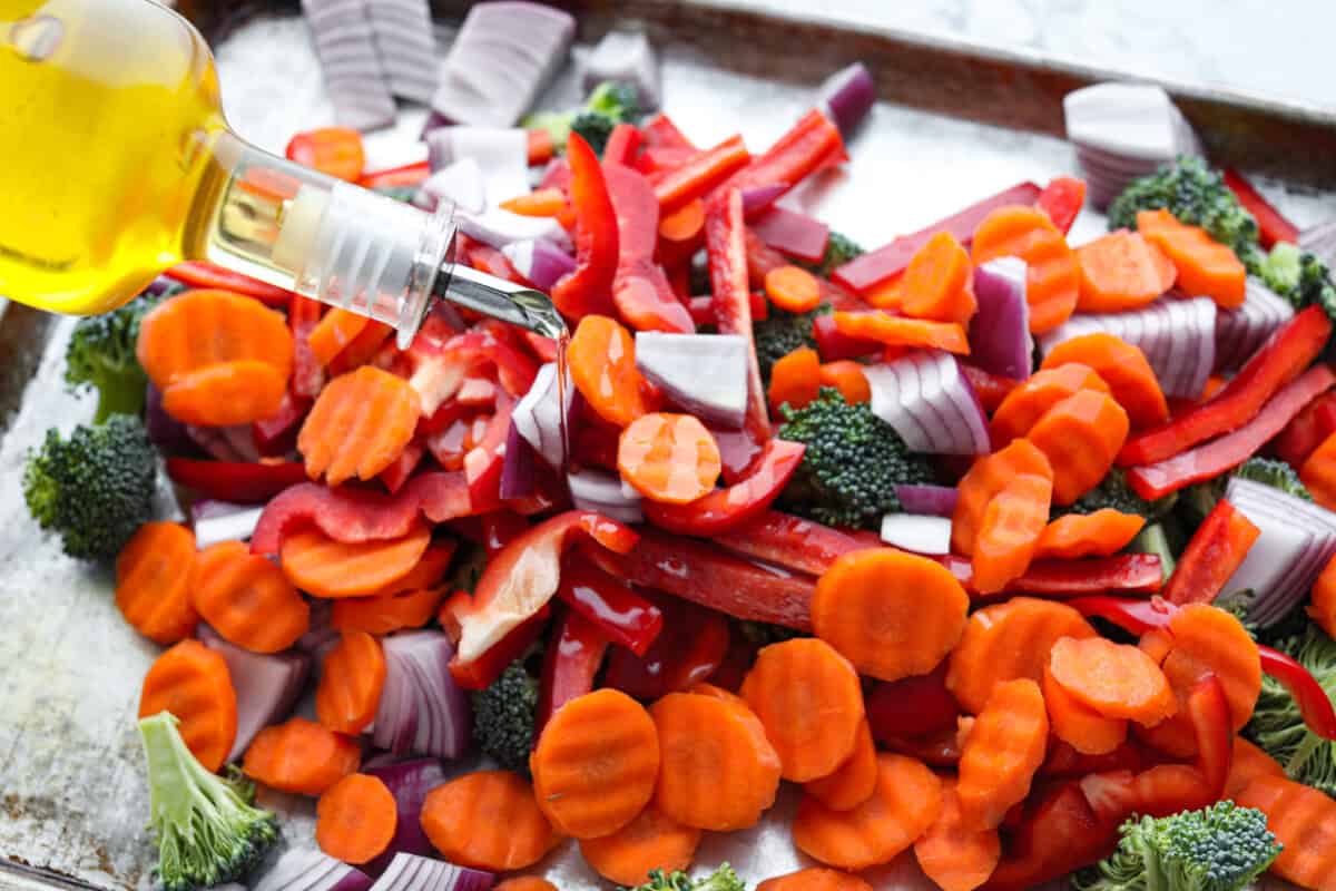 Second photo of vegetable cut and drizzled with oil.