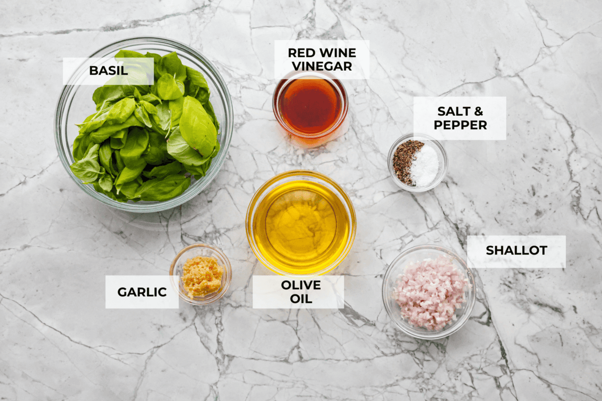 Overhead shot of labeled ingredients. 