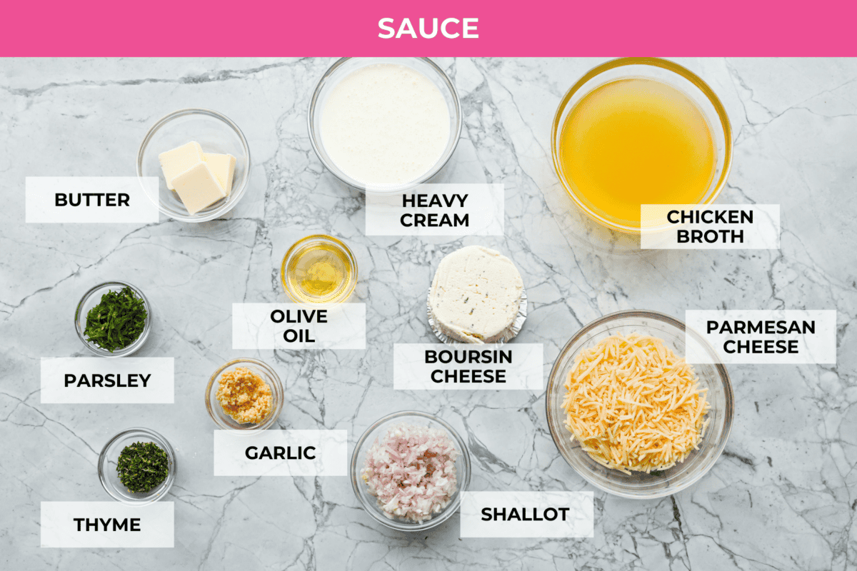 Overhead shot of labeled sauce ingredients. 