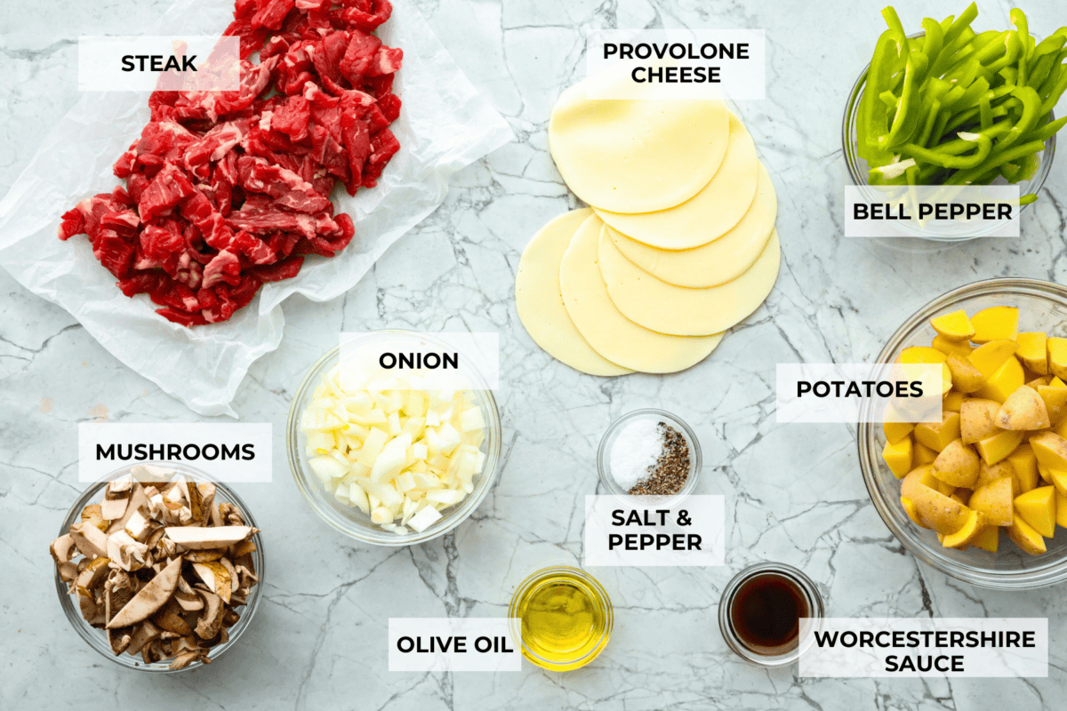 Overhead shot of labeled ingredients in individual bowls. 