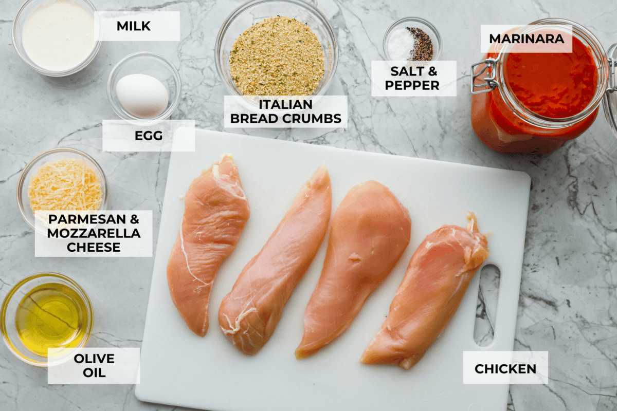 Overhead shot of labeled ingredients. 