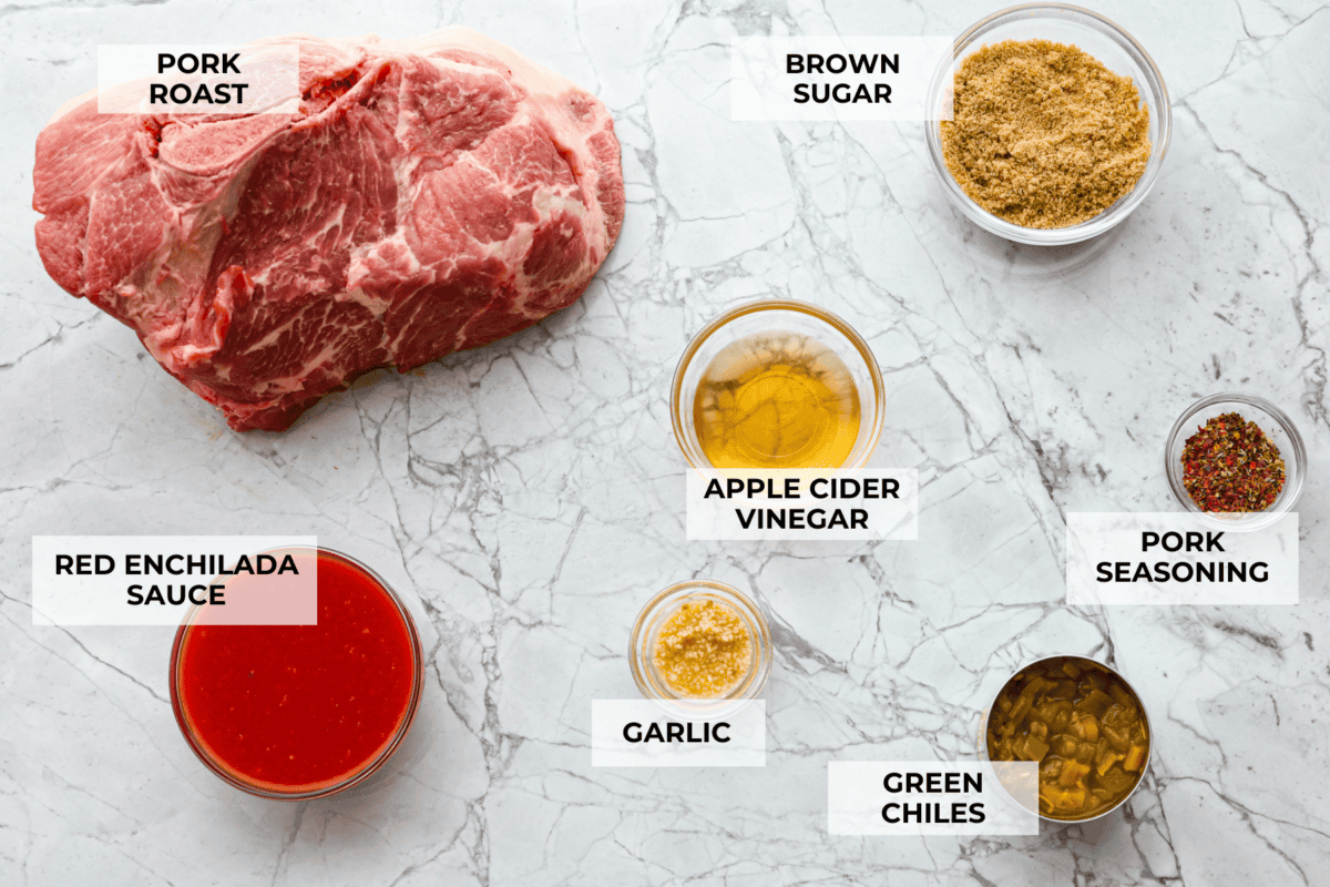 Overhead shot of labeled ingredients. 