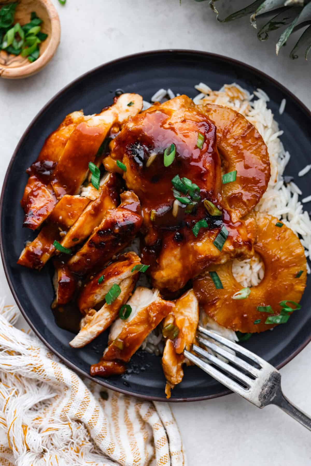 Top view of the chicken sliced and plated with rice.