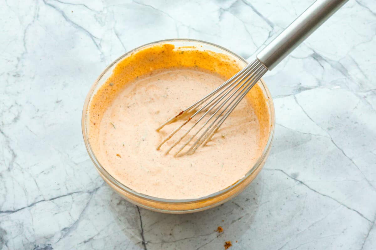 Overhead shot of whisked taco salad dressing. 