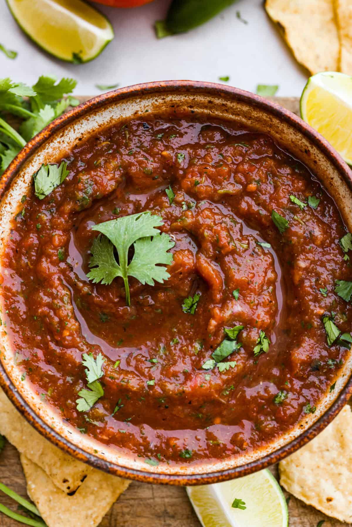 Close up shot of salsa in bowl. 