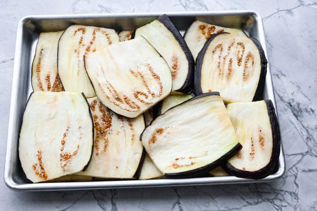 First photo of the eggplant slices sweating.