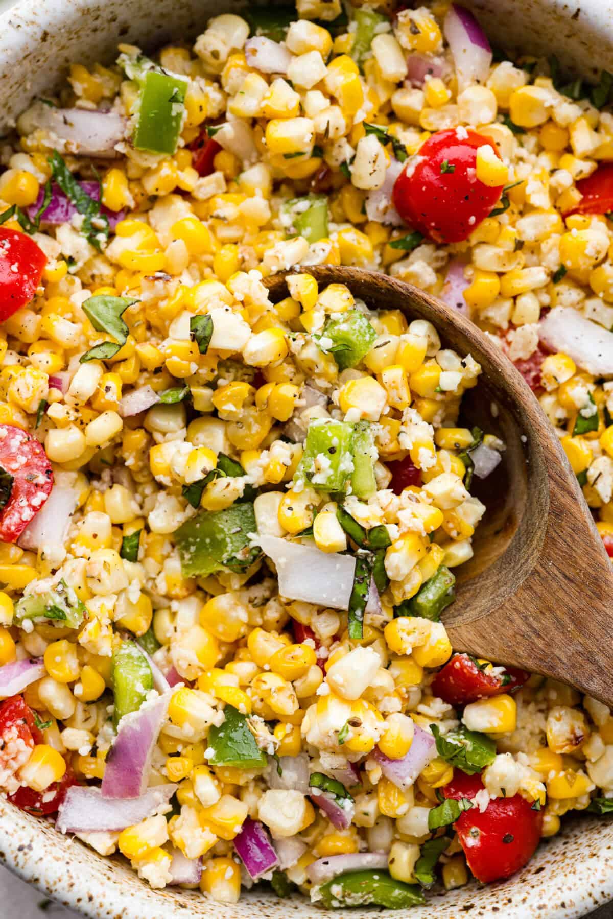 Close up shot of Italian corn salad.