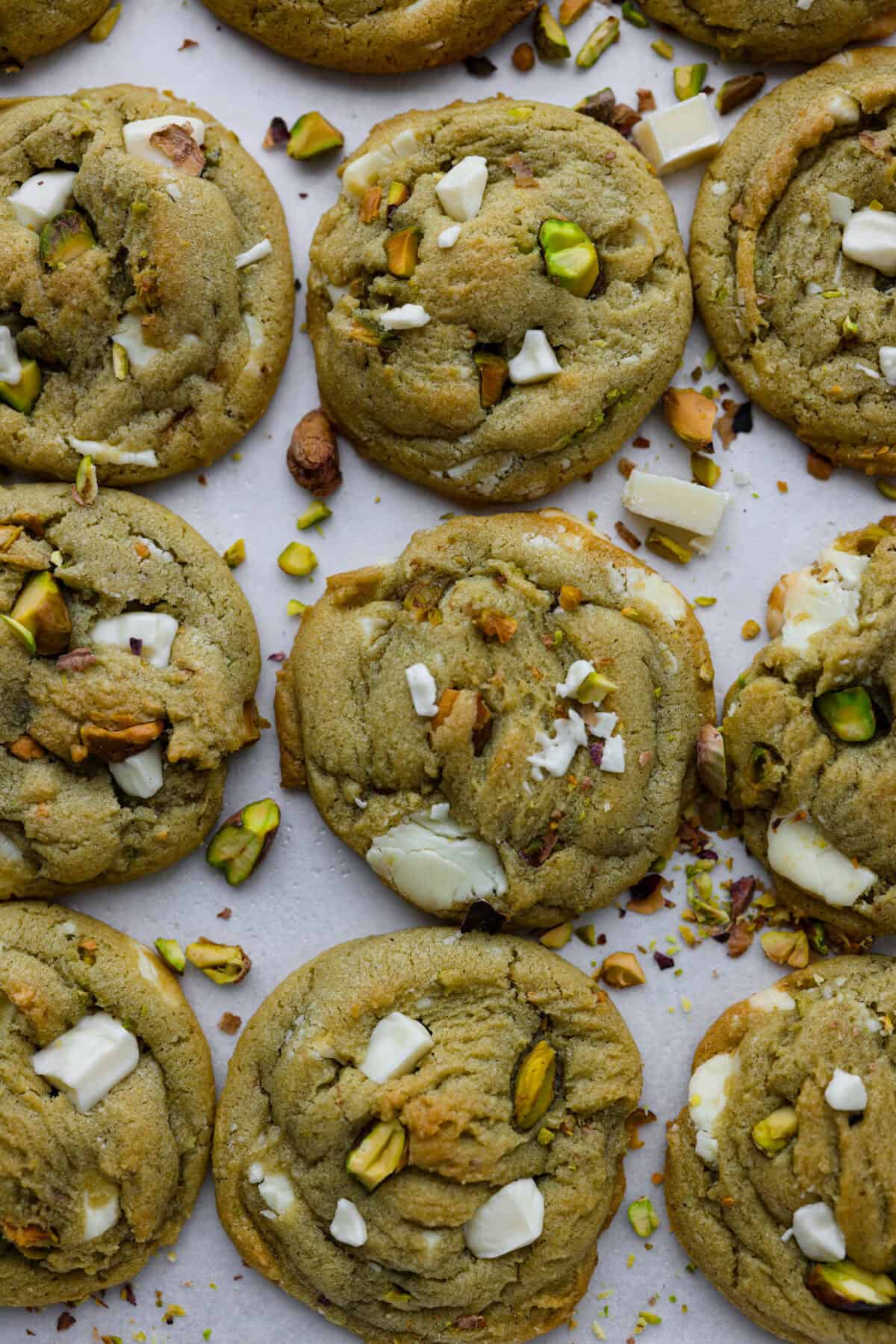 close up overhead shot of baked pistachio pudding cookies.