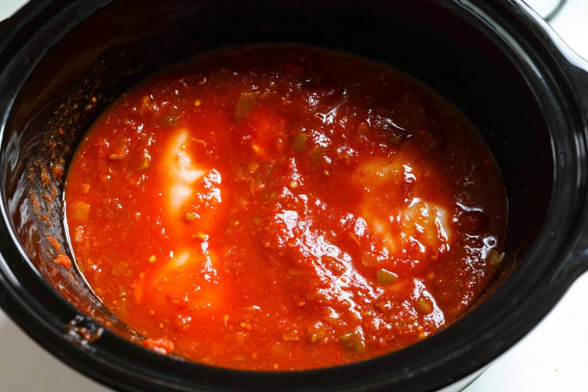 Overhead shot of all of the sweet pork taco ingredients in the crock pot. 