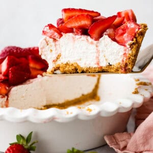 Side view of slice of pie being lifted from pie dish