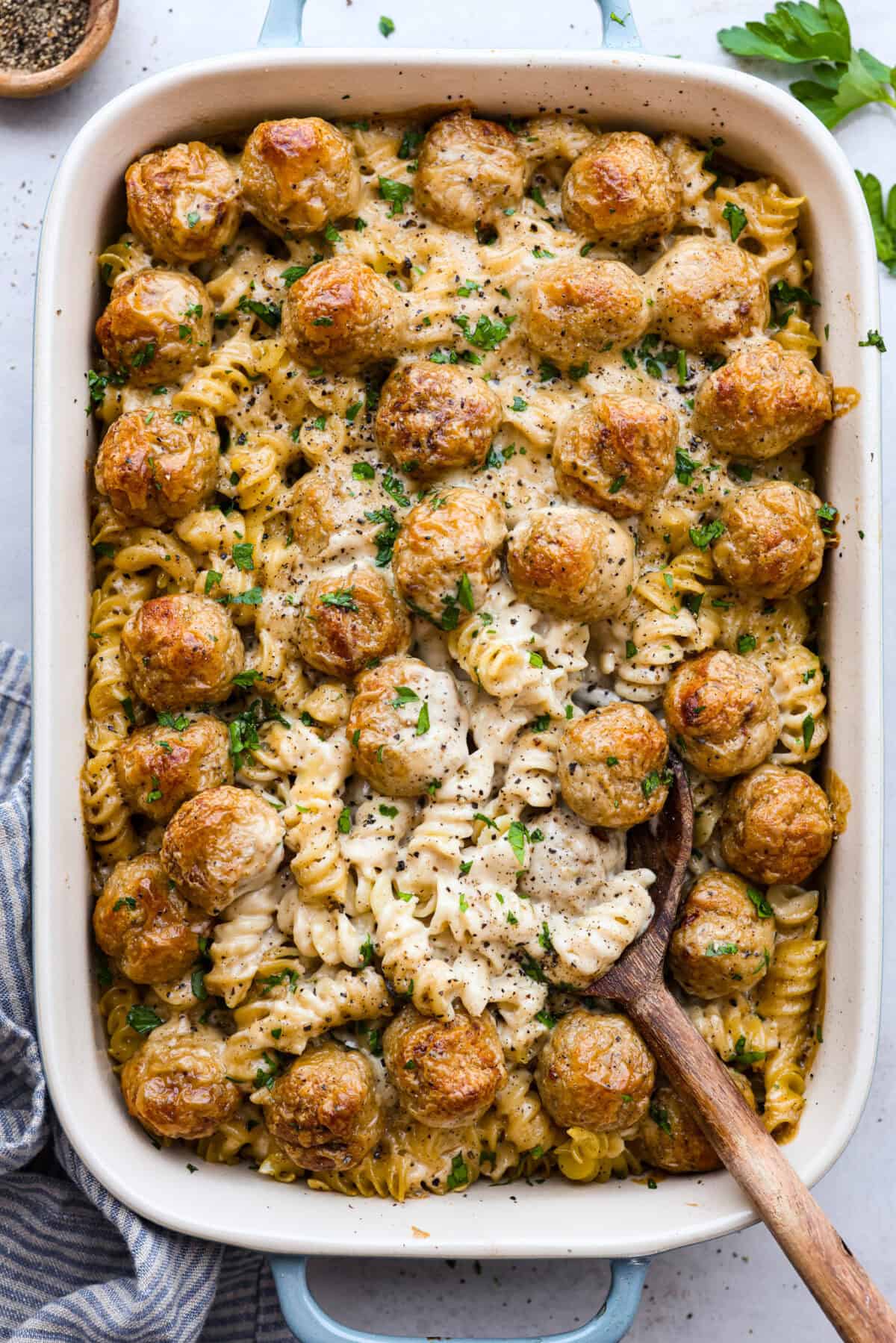 Overhead shot of Swedish meatball casserole. 