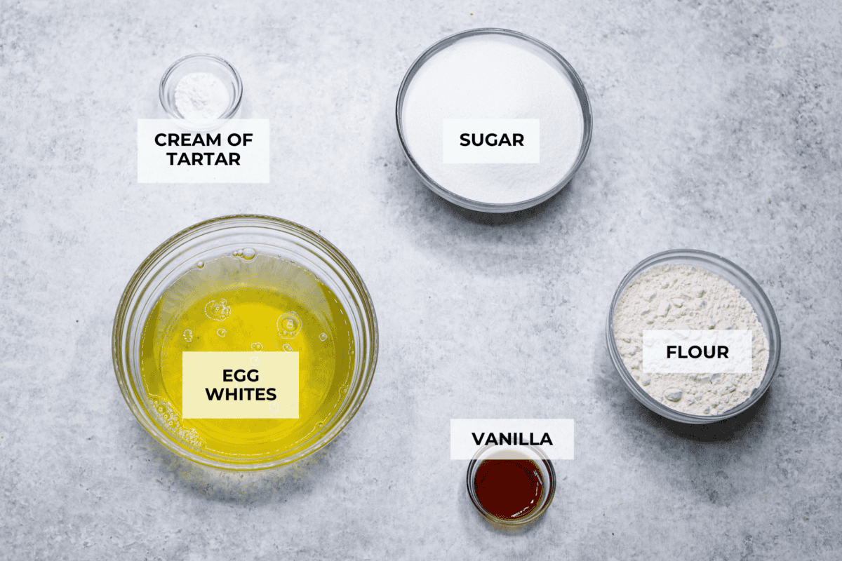 Overhead shot of labeled ingredients. 