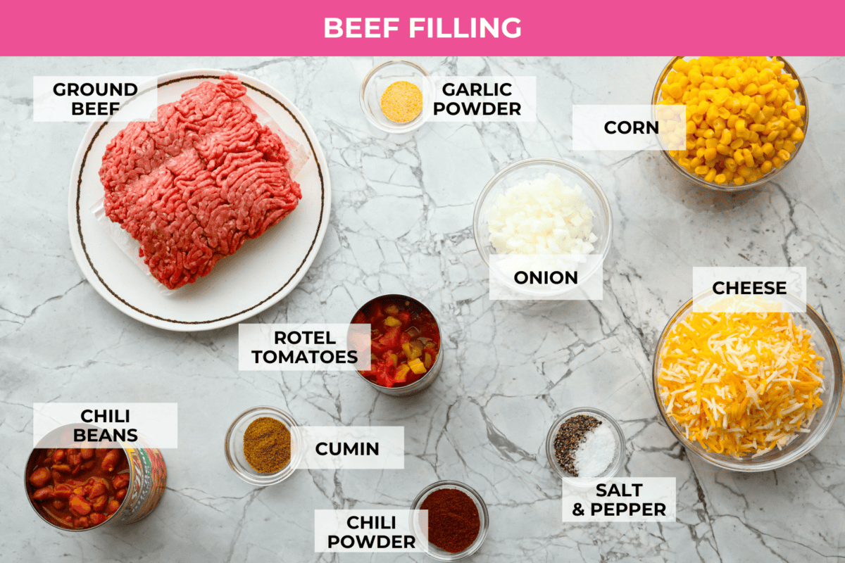 Overhead shot of labeled beef filling ingredients. 