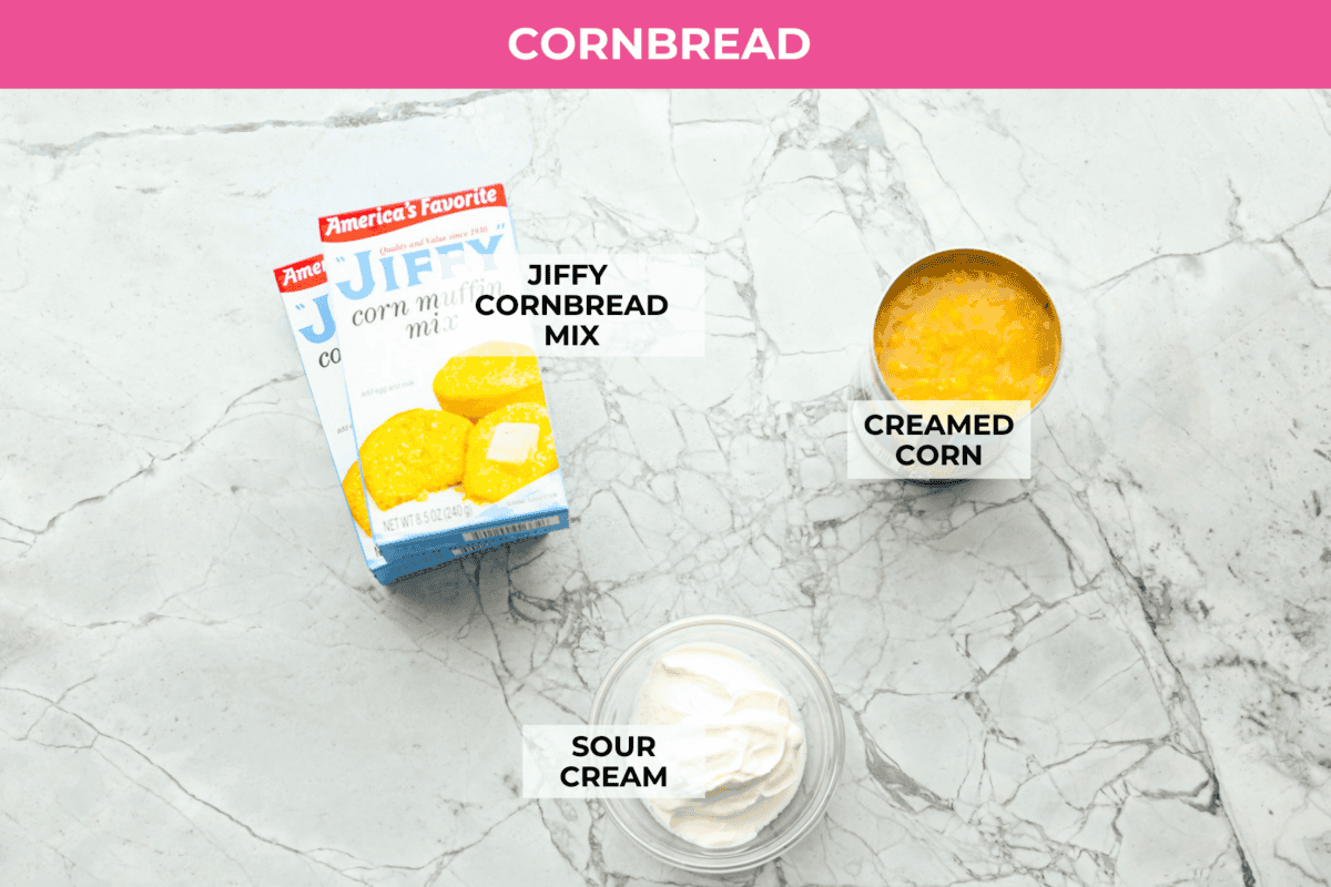 Overhead shot of labeled cornbread ingredients. 