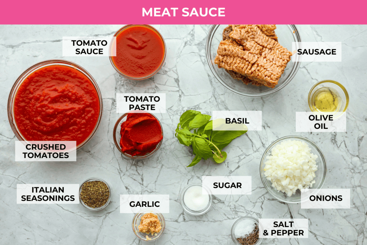 Ingredients labeled to make the meat sauce.