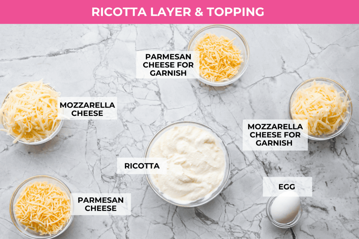 Ingredients labeled to make the ricotta and topping layers.