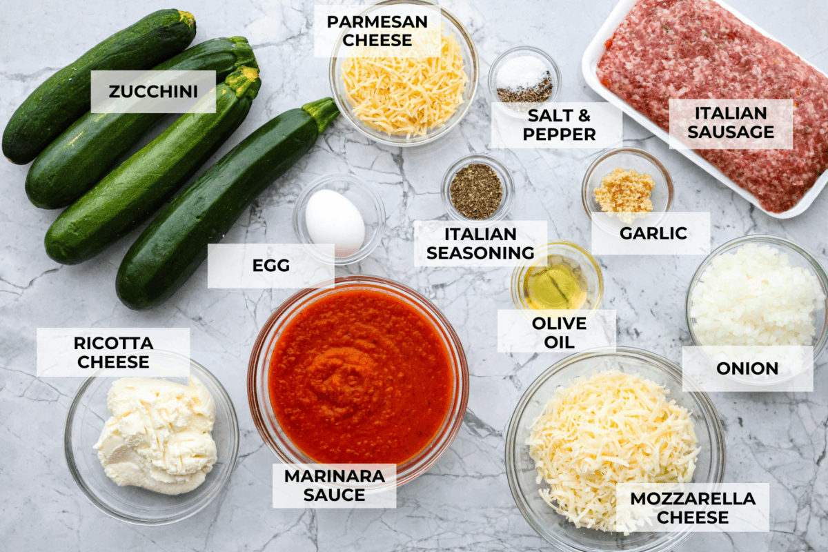 Overhead shot of labeled ingredients.