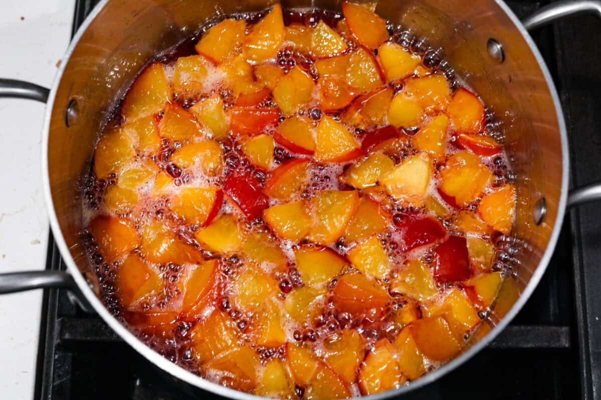 Overhead shot of mixture boiling in a pot.