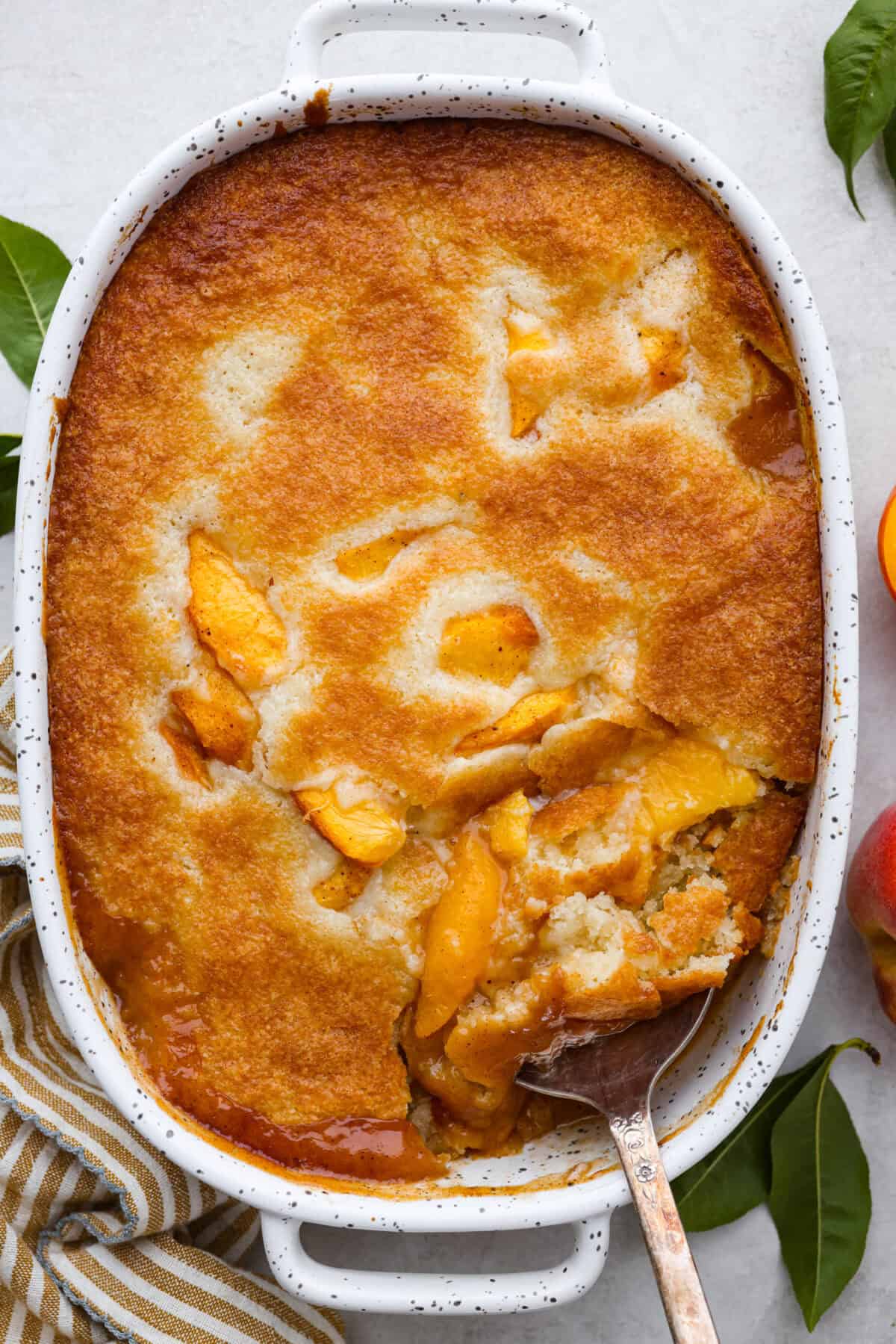 Overhead shot of old fashioned peach cobbler in baking dish with serving spoon sticking out.  