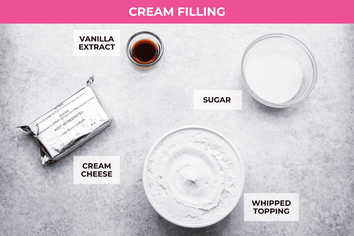 Overhead shot of labeled cream filling ingredients. 