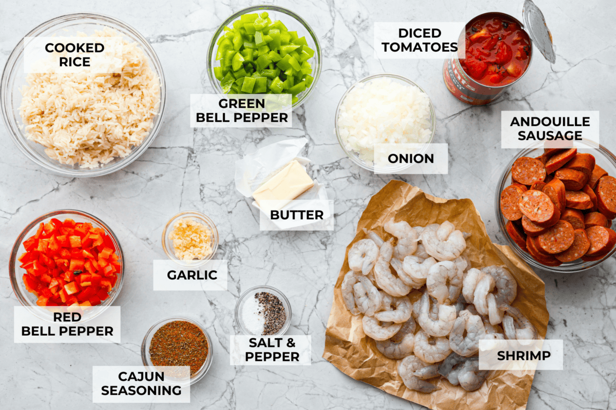 Overhead shot of labeled casserole ingredients. 