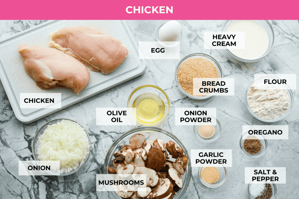 Overhead shot of labeled chicken ingredients. 