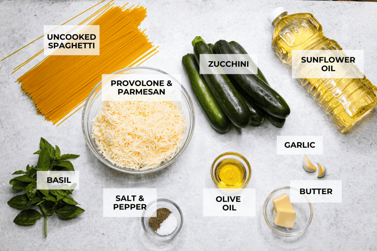 Ingredients labeled to make spaghetti alla Nerano.