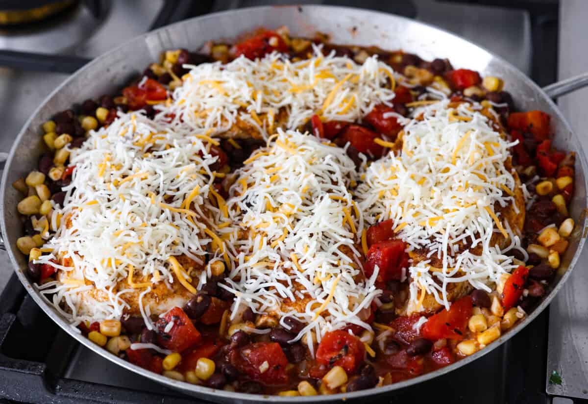 Close up shot of chicken on top of the tomatoes, beans, corn and onions with sprinkled cheese on top. 