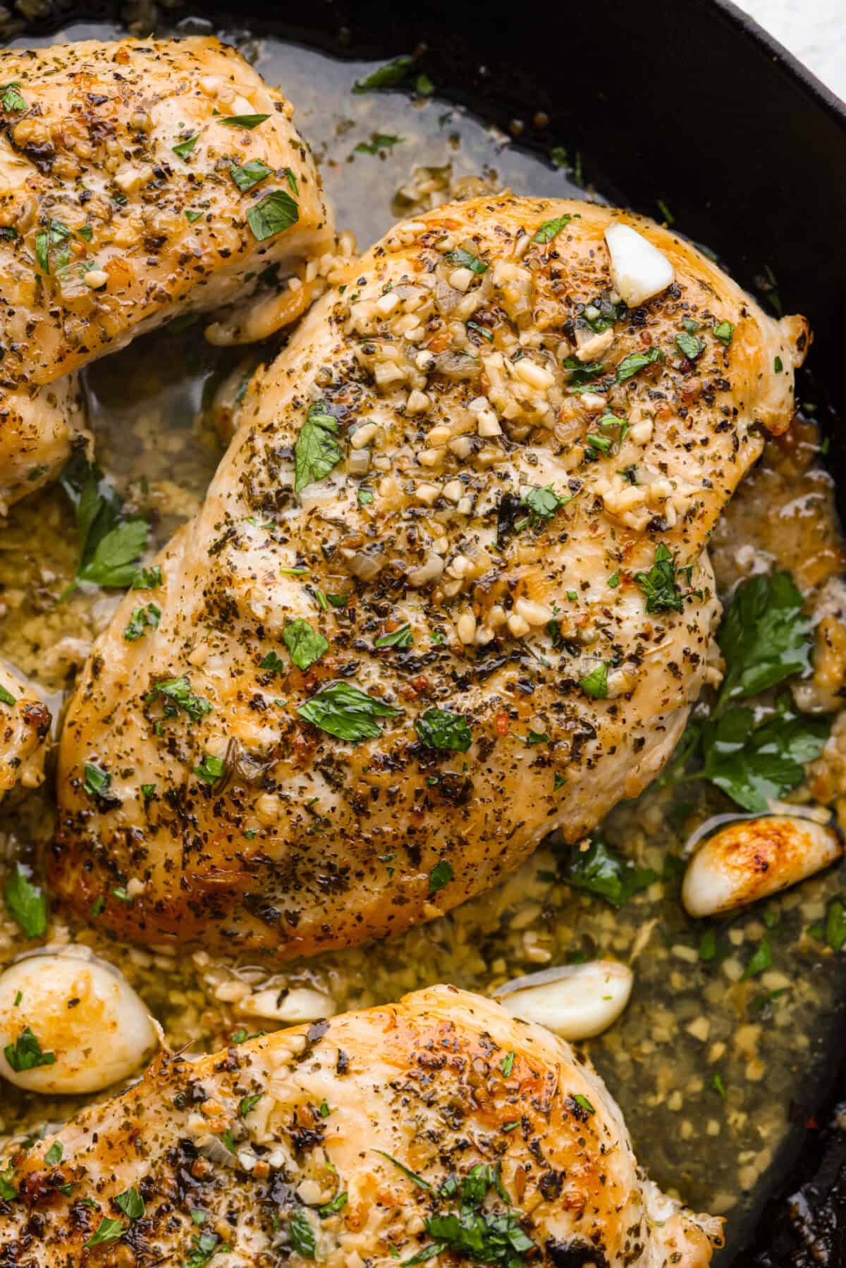 Close up shot of garlic butter chicken.