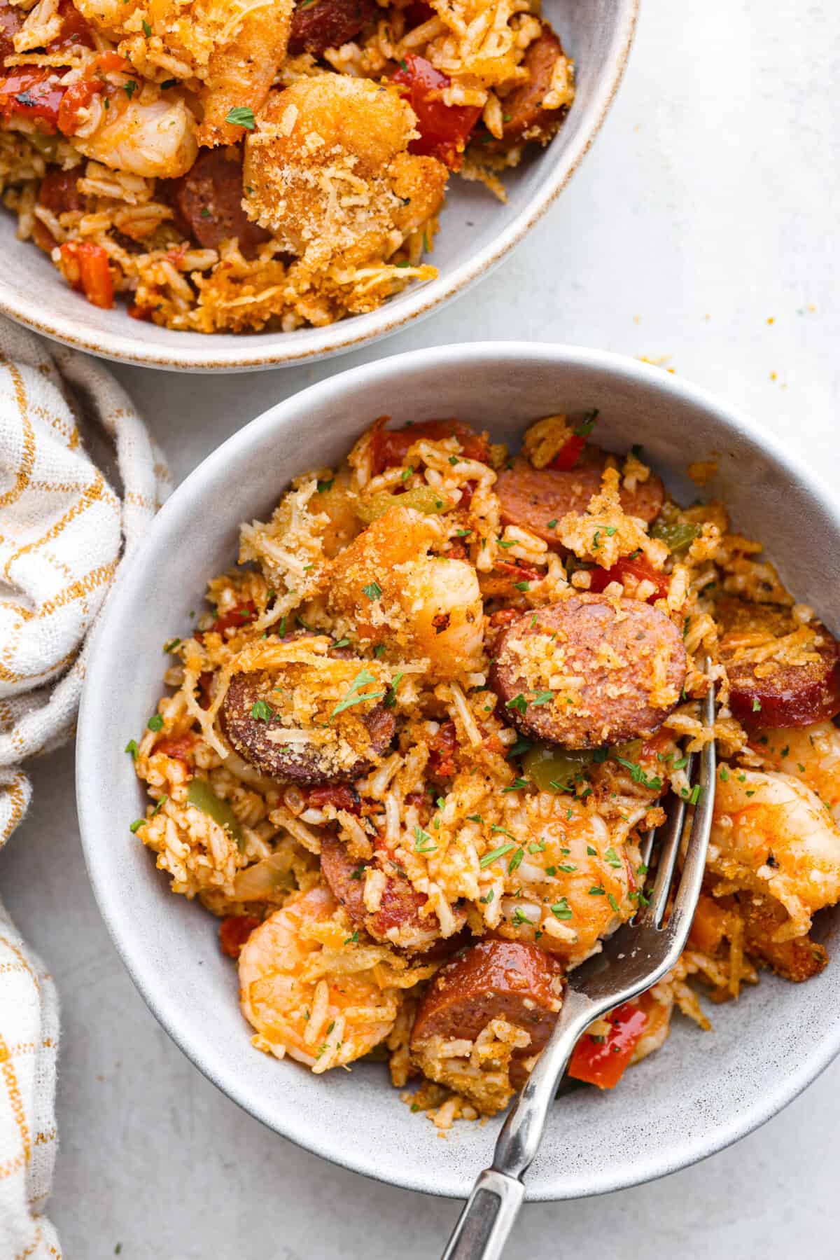 Overhead shot of plated Louisiana casserole.  