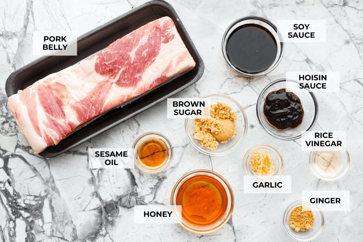 Overhead shot of labeled ingredients. 