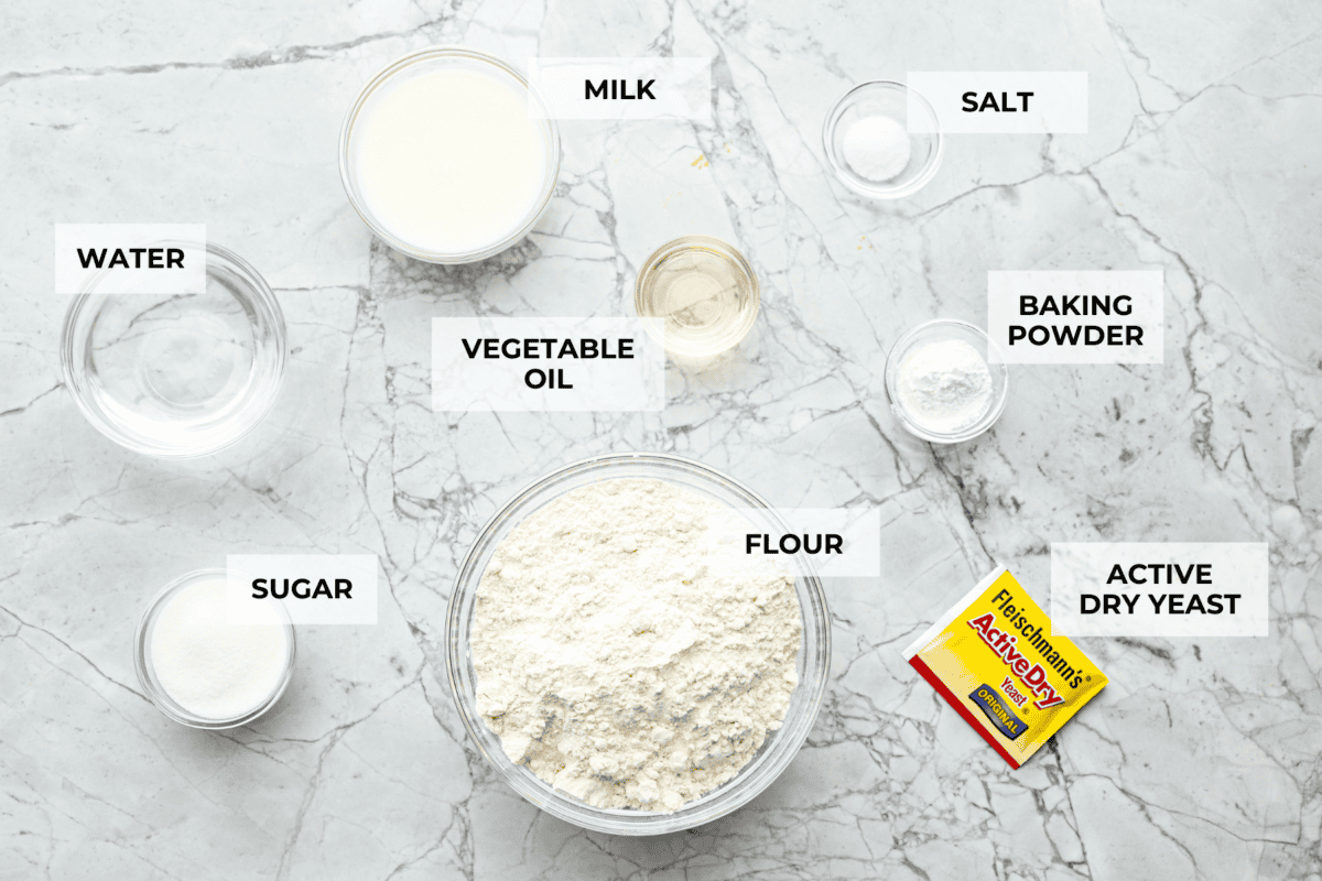 Overhead shot of labeled ingredients. 