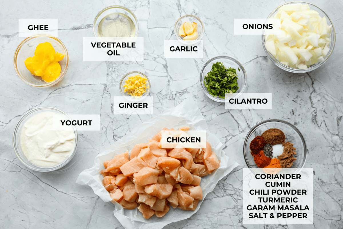 Overhead shot of labeled ingredients. 