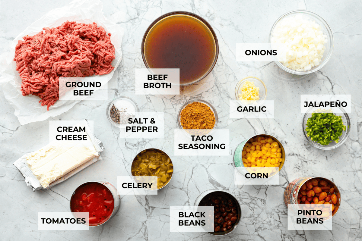 Overhead shot of labeled ingredients. 