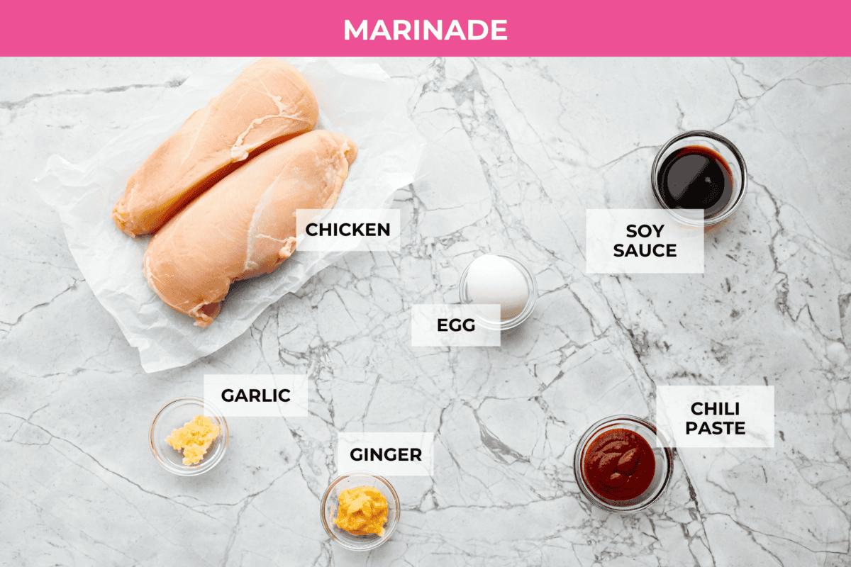 Overhead shot of labeled marinade  ingredients. 