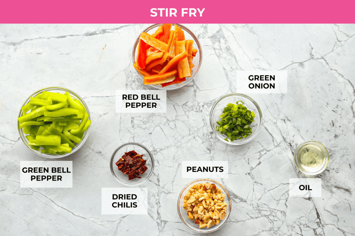 Overhead shot of labeled stir fry ingredients. 